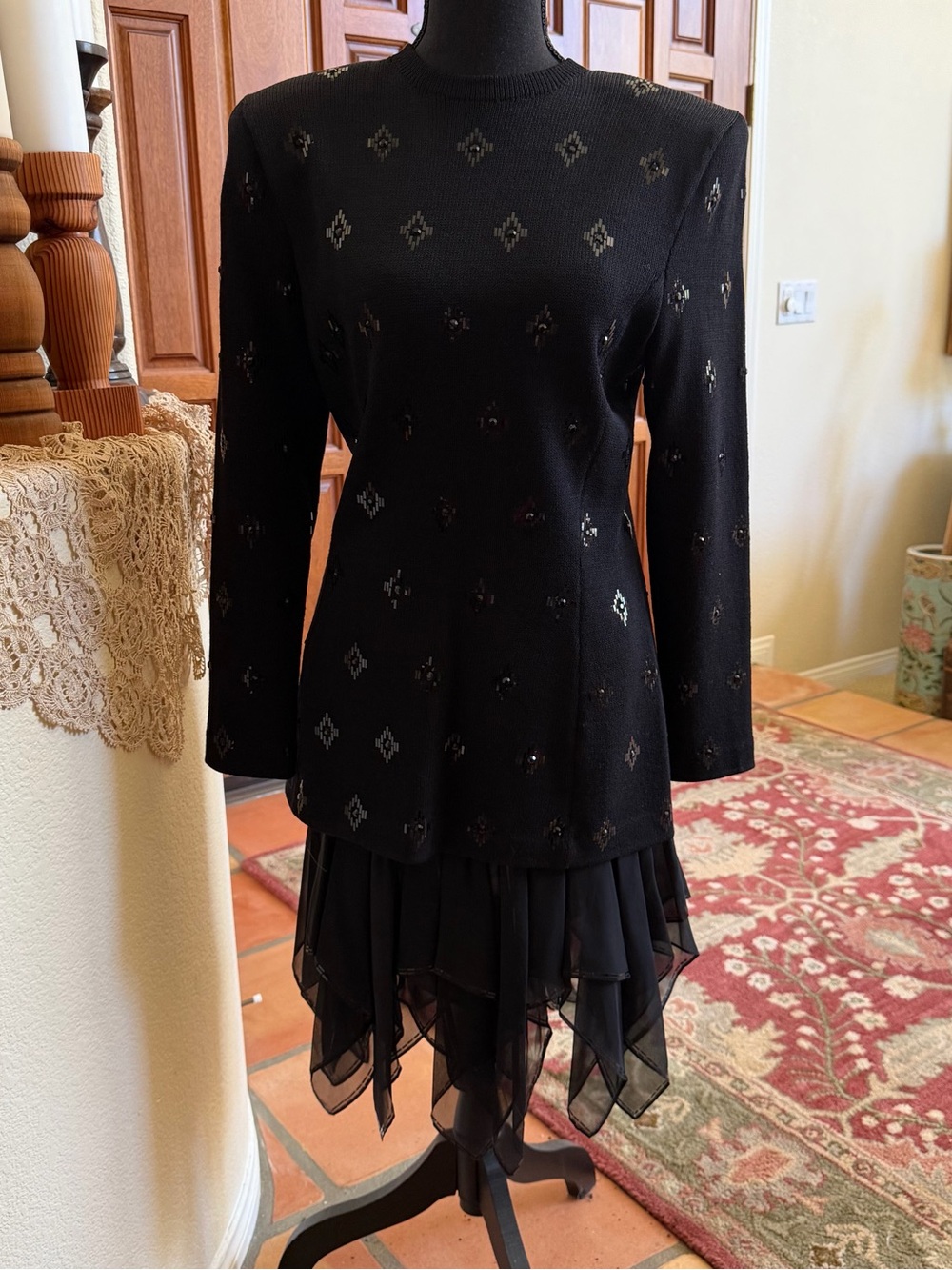 Vintage St. John Black Knit Sequin Sweater Set With Chiffon Handkerchief Skirt 8